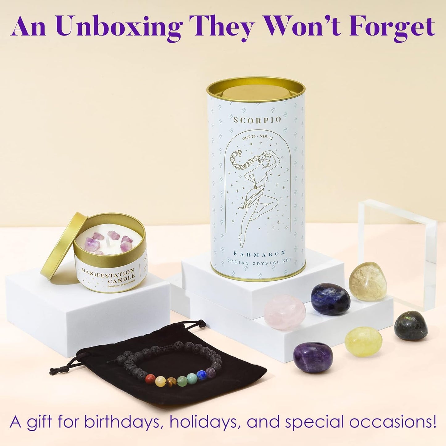 Scorpio Zodiac Crystal Healing Stones Kit with Candle — Astrology Horoscope Gift Set