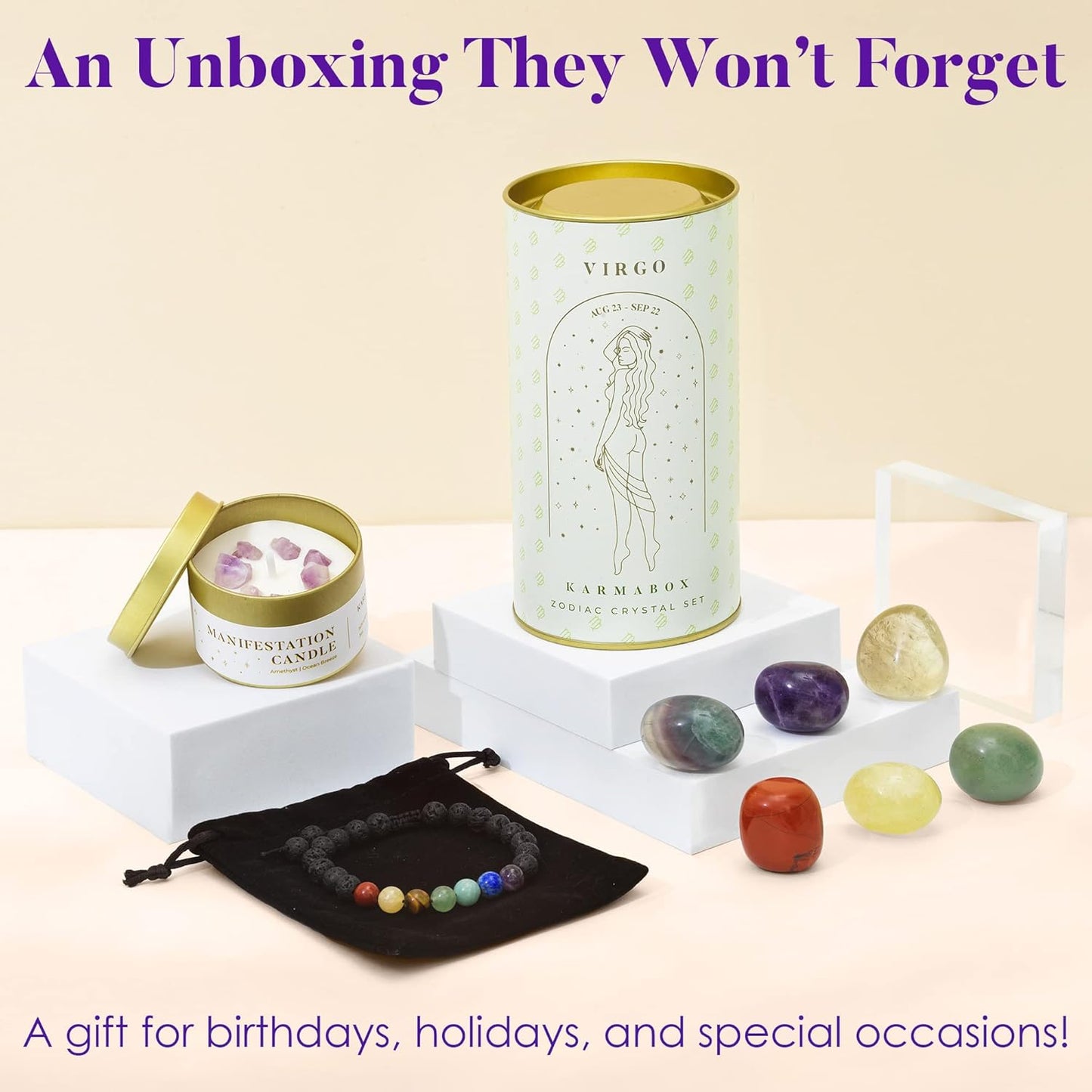 Virgo Zodiac Crystal Healing Stones Kit with Candle — Astrology Horoscope Gift Set