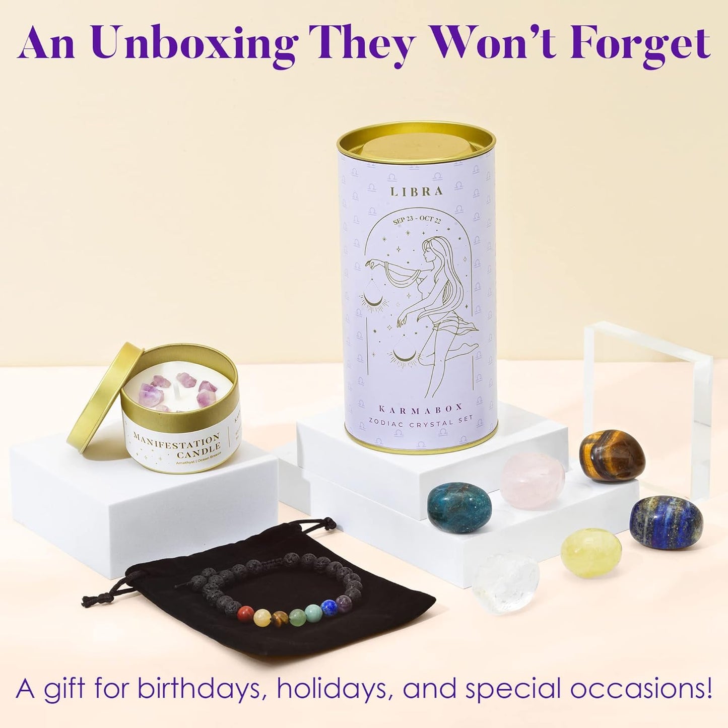 Libra Zodiac Crystal Healing Stones Kit with Candle — Astrology Horoscope Gift Set