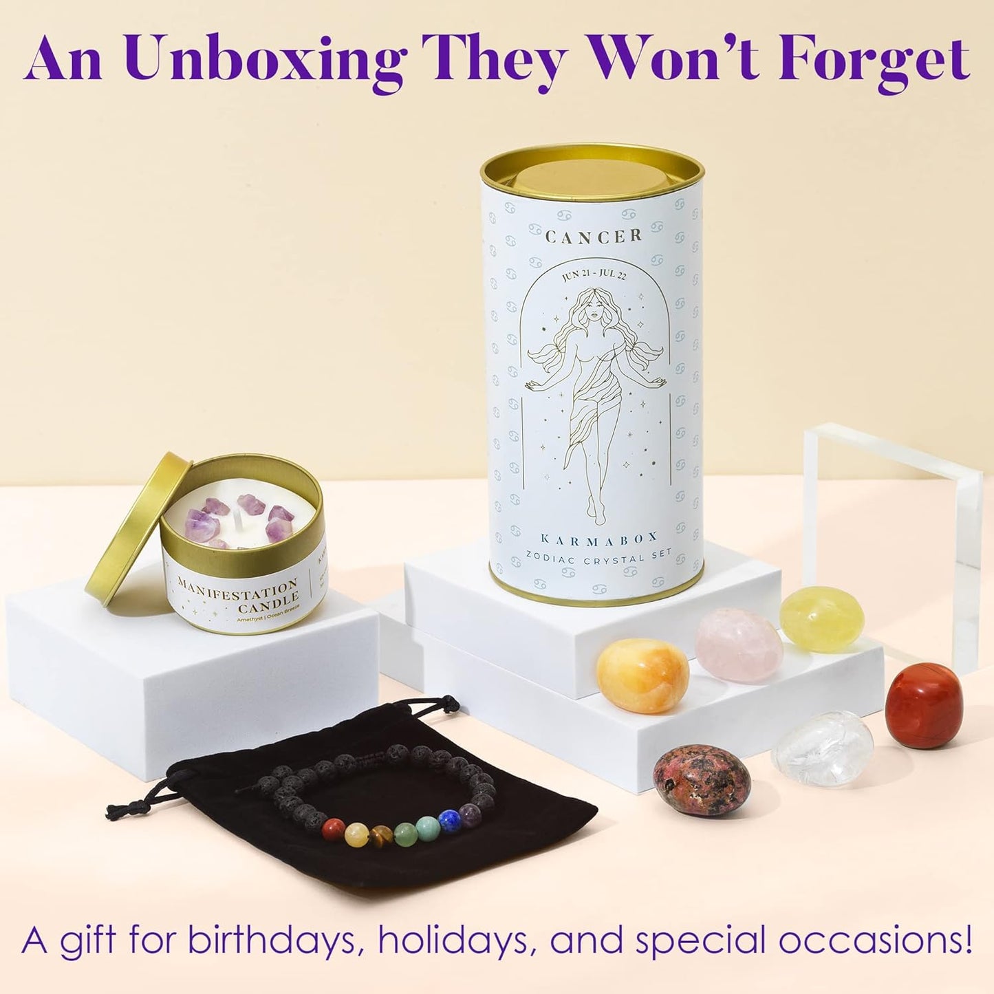 Cancer Zodiac Crystal Healing Stones Kit with Candle — Astrology Horoscope Gift Set