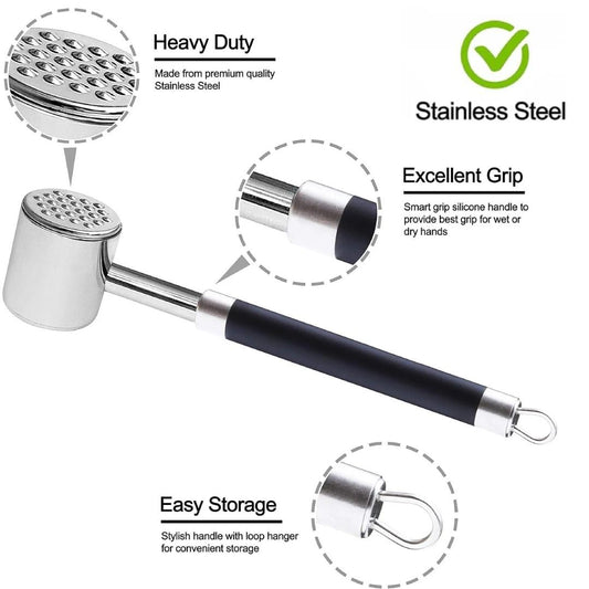 Heavy-Duty Stainless Steel Meat Tenderizer Hammer — Two-Sided Mallet, 14oz