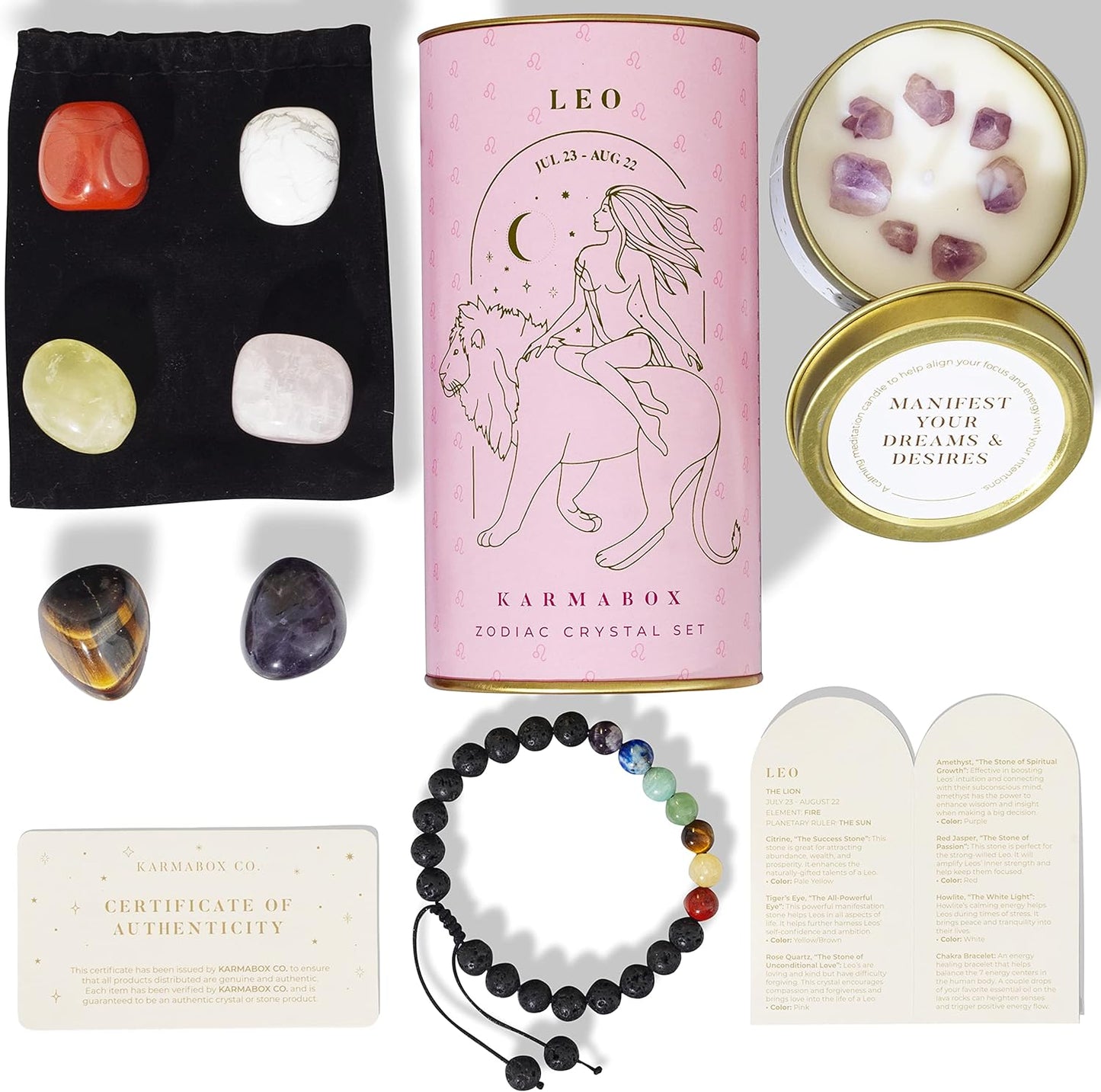Leo Zodiac Crystal Healing Stones Kit with Candle — Astrology Horoscope Gift Set