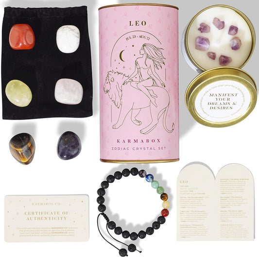 Leo Zodiac Crystal Healing Stones Kit with Candle — Astrology Horoscope Gift Set