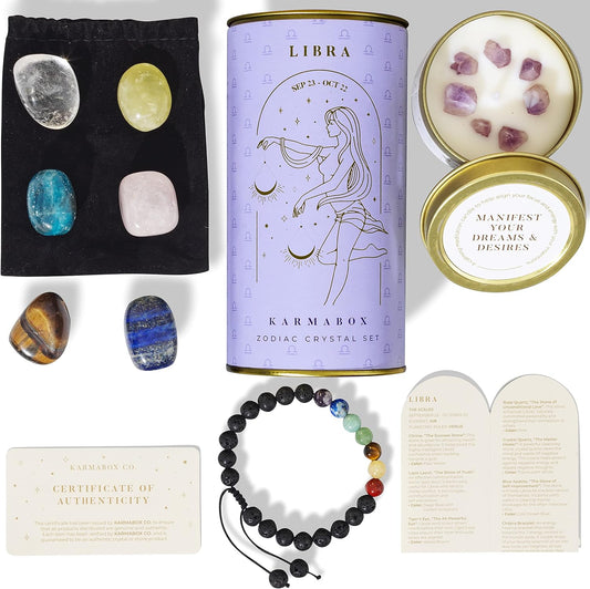 Libra Zodiac Crystal Healing Stones Kit with Candle — Astrology Horoscope Gift Set