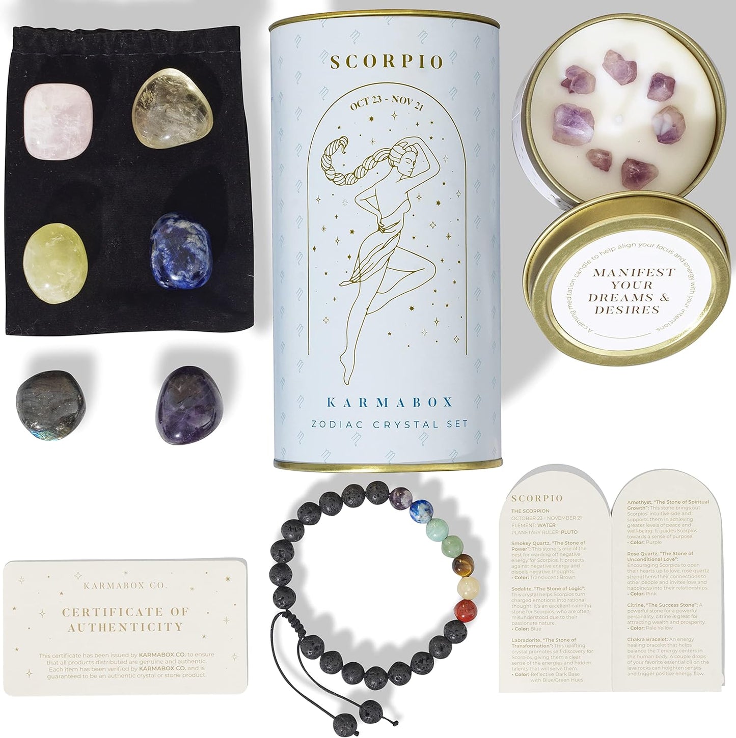 Scorpio Zodiac Crystal Healing Stones Kit with Candle — Astrology Horoscope Gift Set