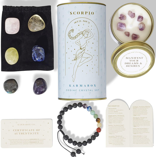 Scorpio Zodiac Crystal Healing Stones Kit with Candle — Astrology Horoscope Gift Set