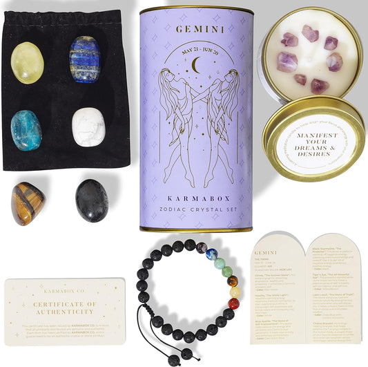 Gemini Zodiac Crystal Healing Stones Kit with Candle — Astrology Horoscope Gift Set
