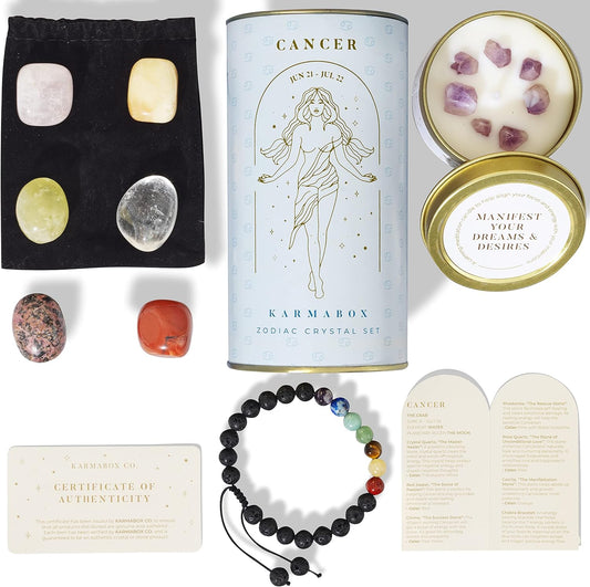 Cancer Zodiac Crystal Healing Stones Kit with Candle — Astrology Horoscope Gift Set