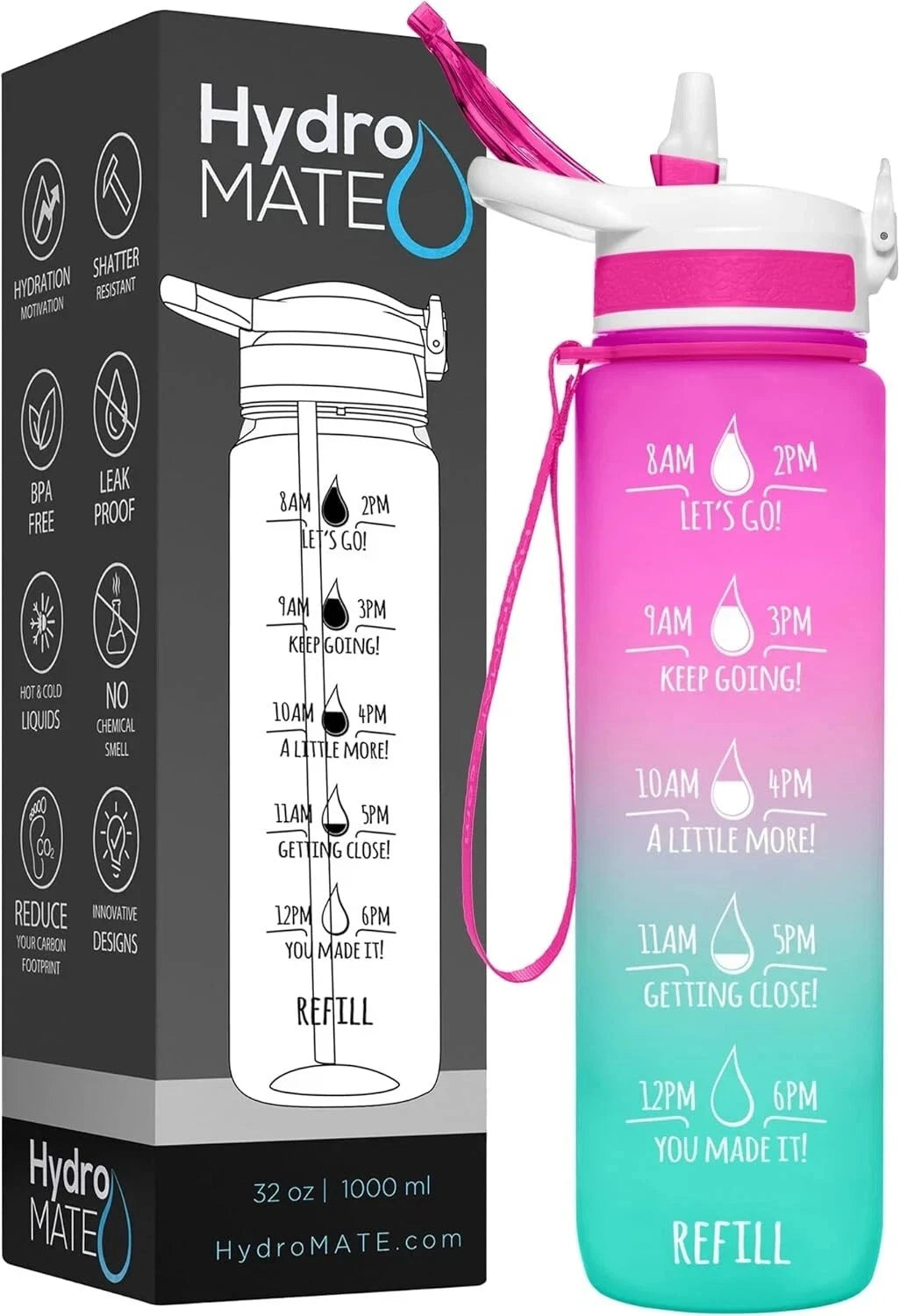 32oz Motivational Water Bottle with Time Marker & Sling — BPA Free Sports Hydration Bottle