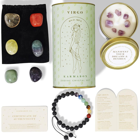 Virgo Zodiac Crystal Healing Stones Kit with Candle — Astrology Horoscope Gift Set