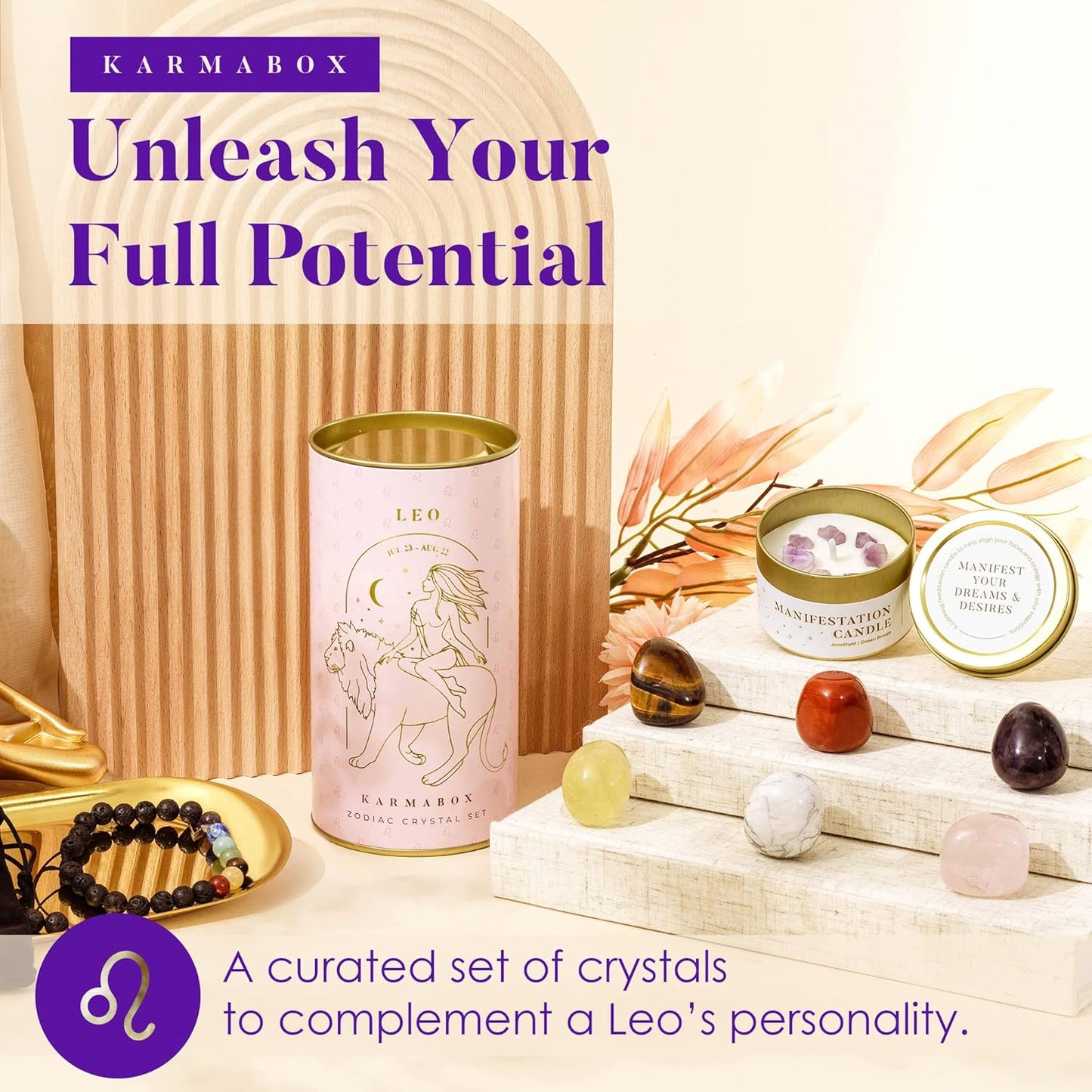 Leo Zodiac Crystal Healing Stones Kit with Candle — Astrology Horoscope Gift Set
