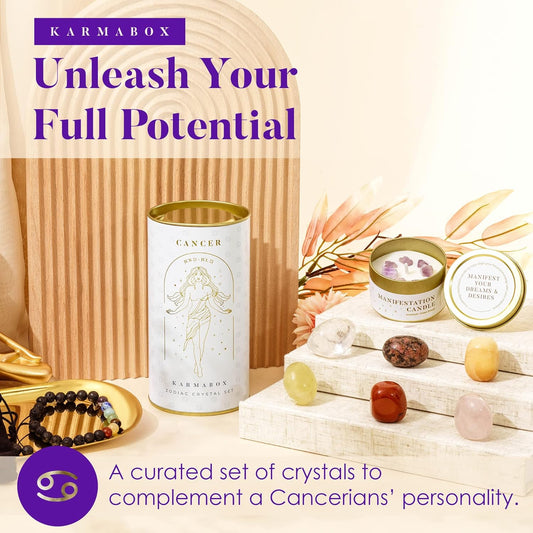 Cancer Zodiac Crystal Healing Stones Kit with Candle — Astrology Horoscope Gift Set