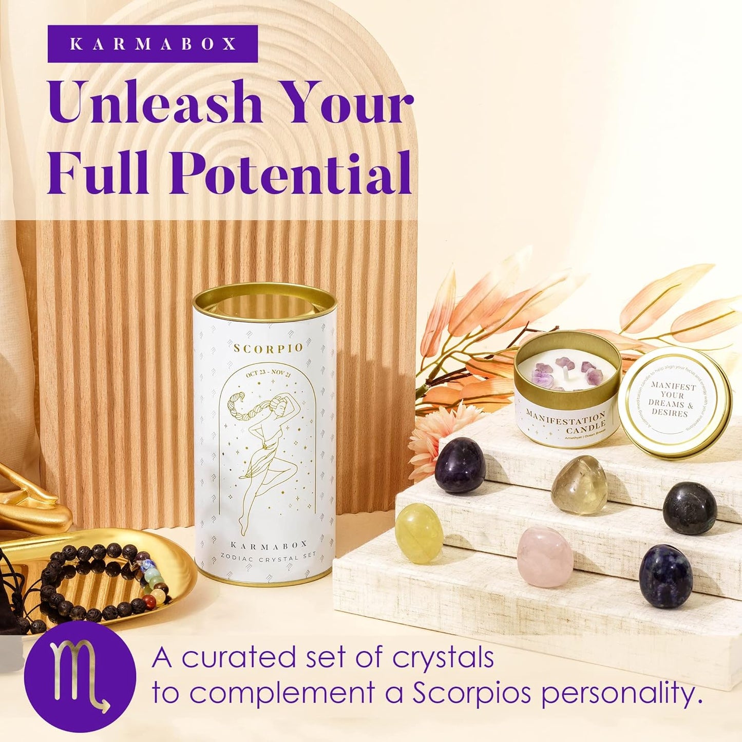 Scorpio Zodiac Crystal Healing Stones Kit with Candle — Astrology Horoscope Gift Set