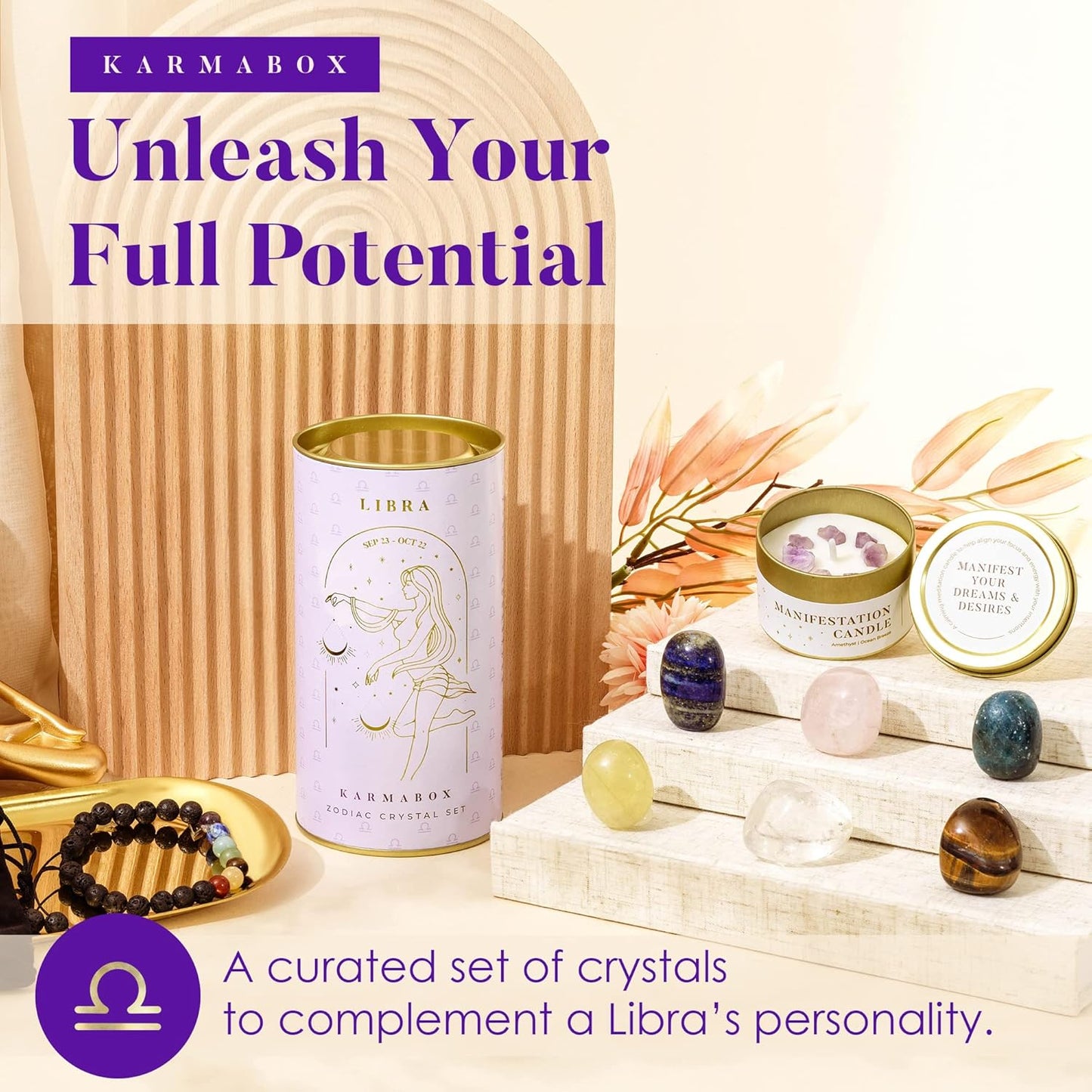 Libra Zodiac Crystal Healing Stones Kit with Candle — Astrology Horoscope Gift Set
