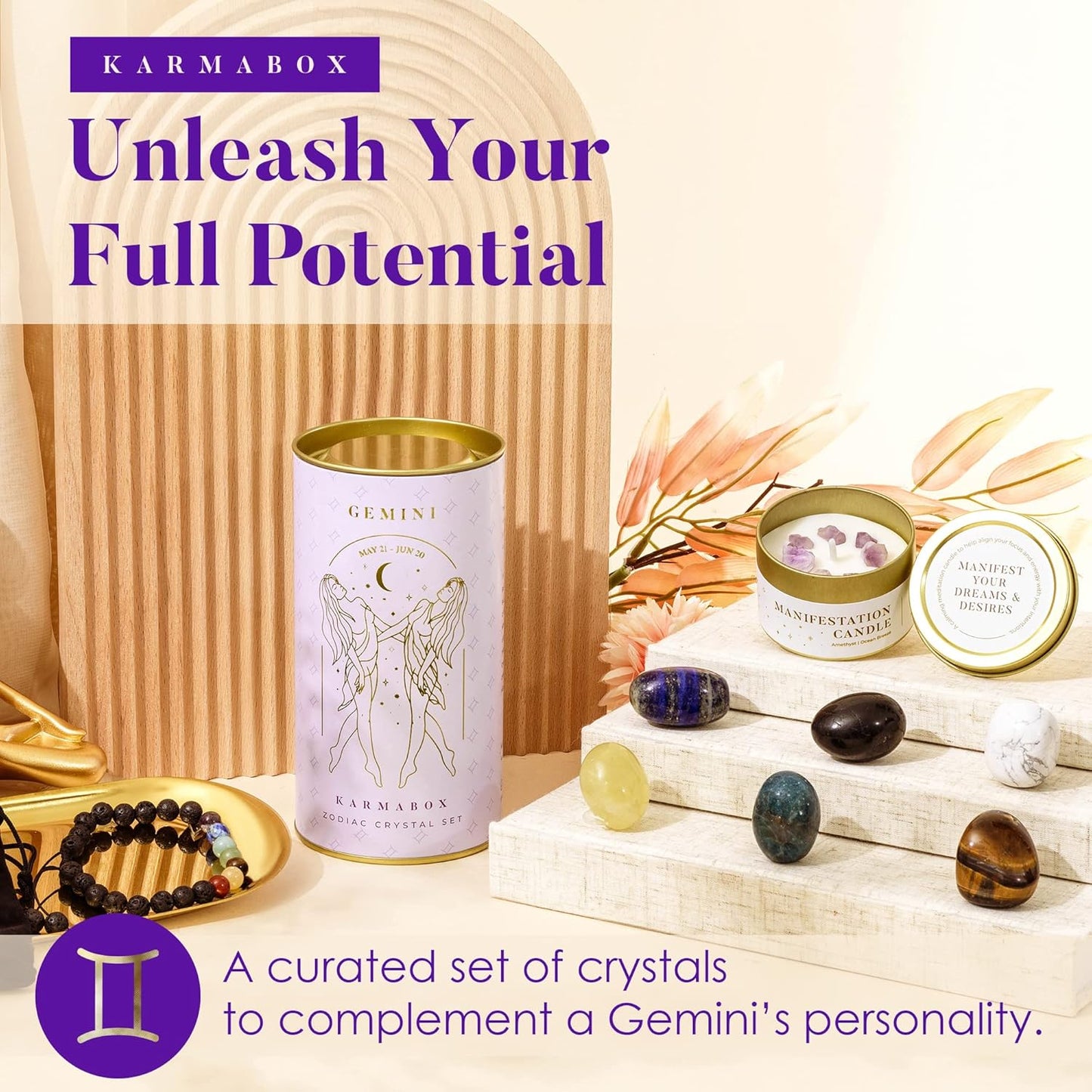 Gemini Zodiac Crystal Healing Stones Kit with Candle — Astrology Horoscope Gift Set