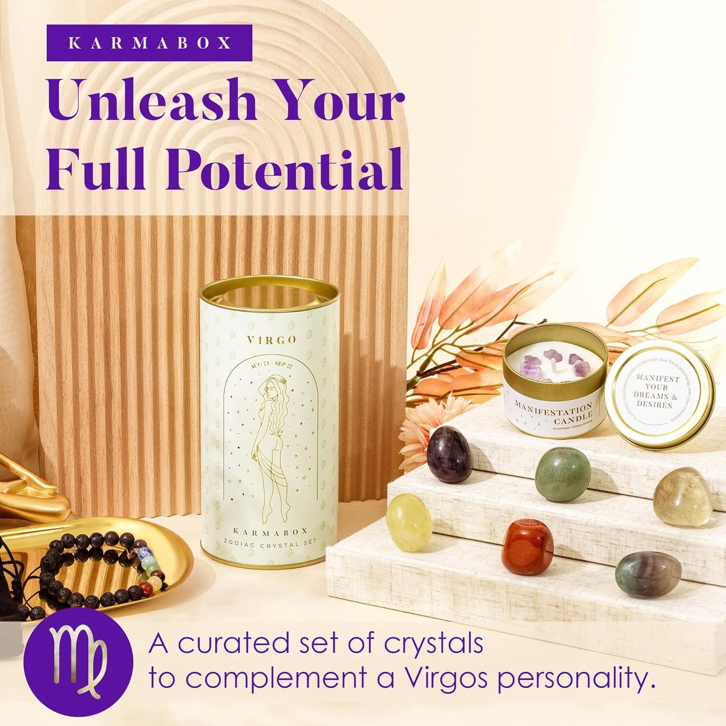 Virgo Zodiac Crystal Healing Stones Kit with Candle — Astrology Horoscope Gift Set