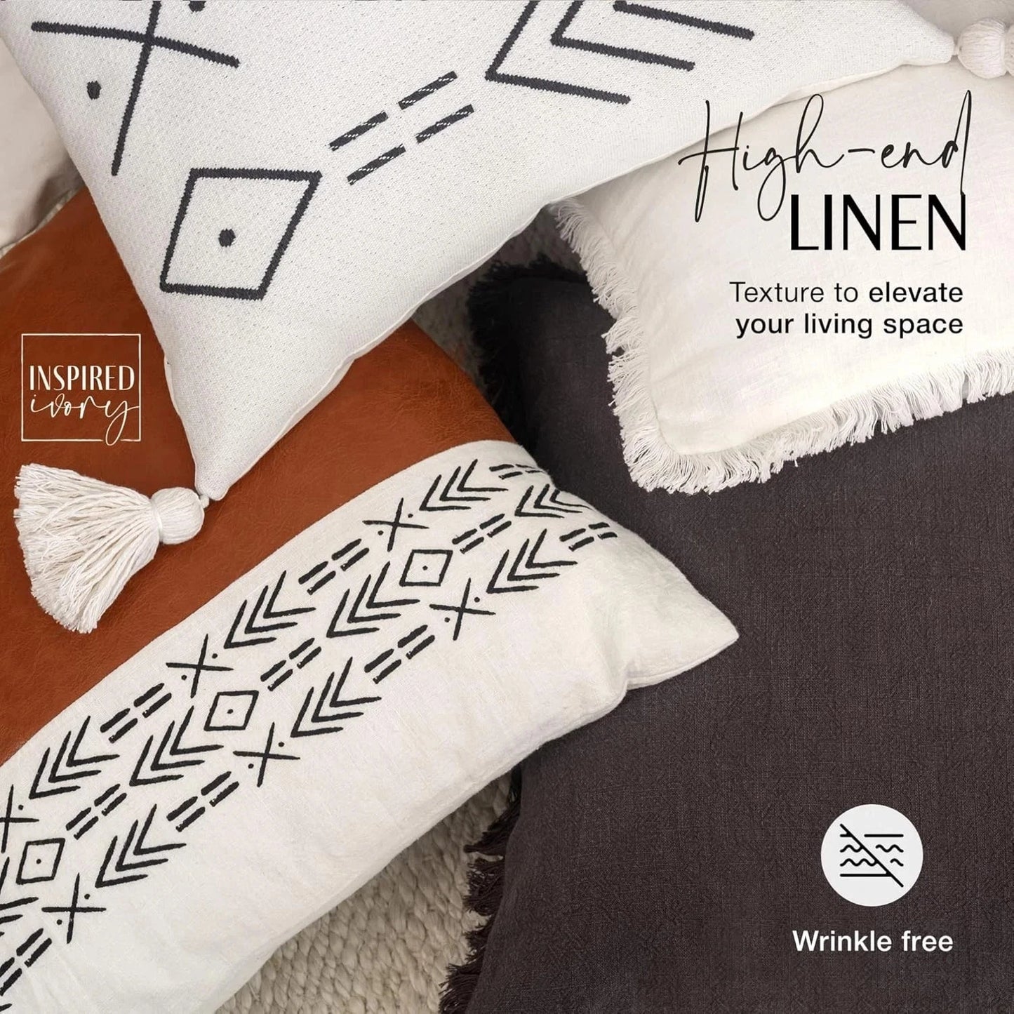 Boho Throw Pillow Covers Set of 4 — 18x18 Inch Bohemian Farmhouse Pillow Cases with Zipper