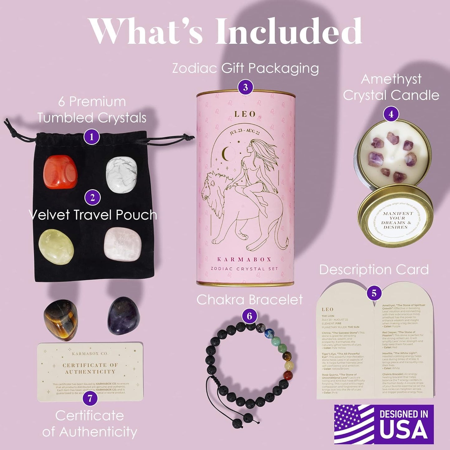 Leo Zodiac Crystal Healing Stones Kit with Candle — Astrology Horoscope Gift Set