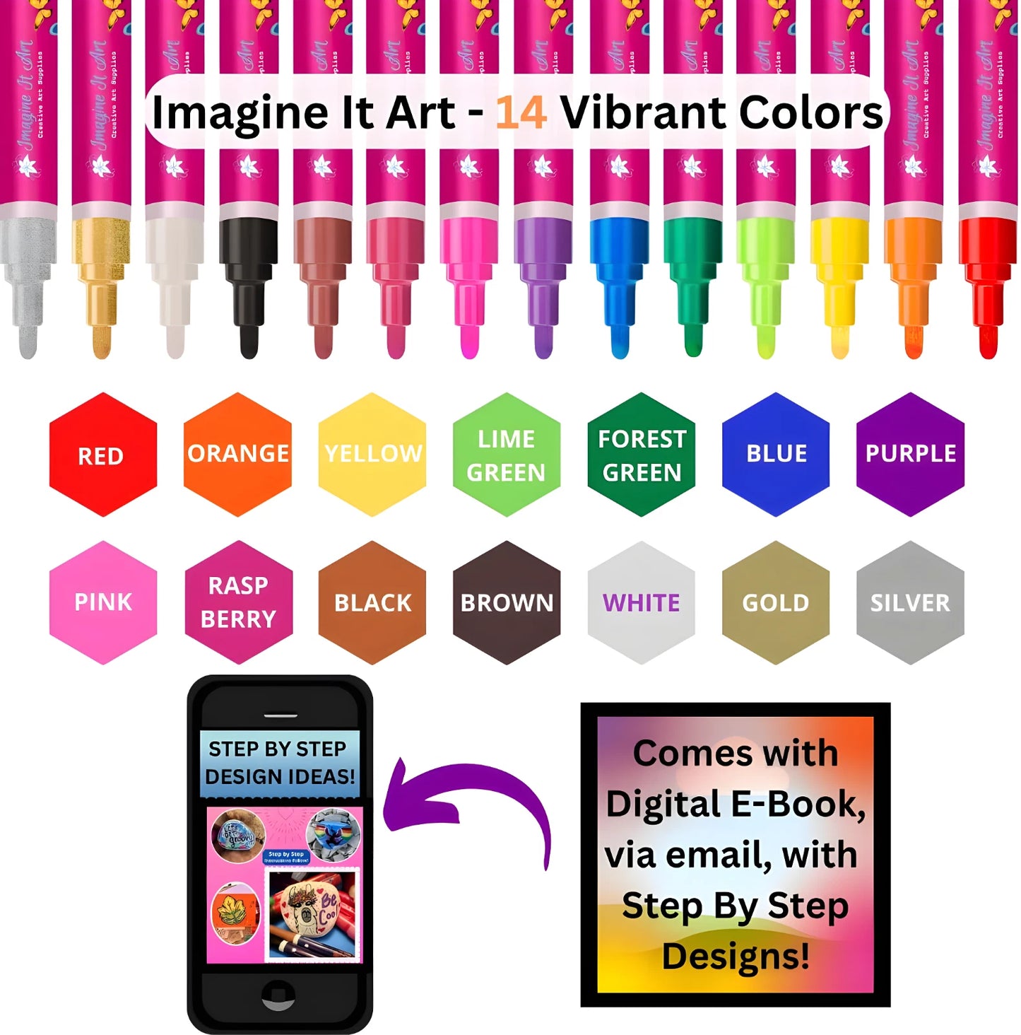 14-Color Acrylic Paint Marker Pens Set — 3mm Medium Tip for Rock, Canvas, Ceramic & More