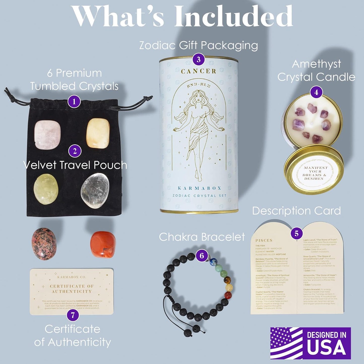 Cancer Zodiac Crystal Healing Stones Kit with Candle — Astrology Horoscope Gift Set