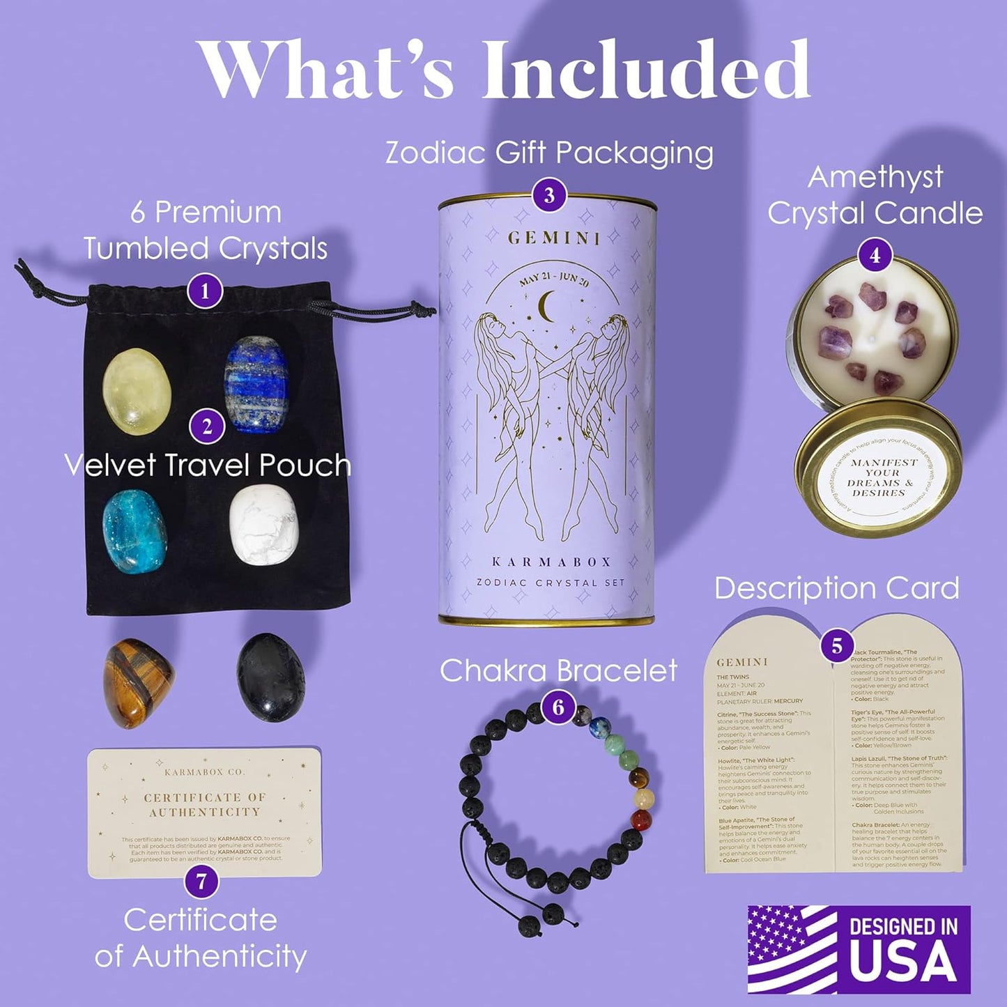 Gemini Zodiac Crystal Healing Stones Kit with Candle — Astrology Horoscope Gift Set