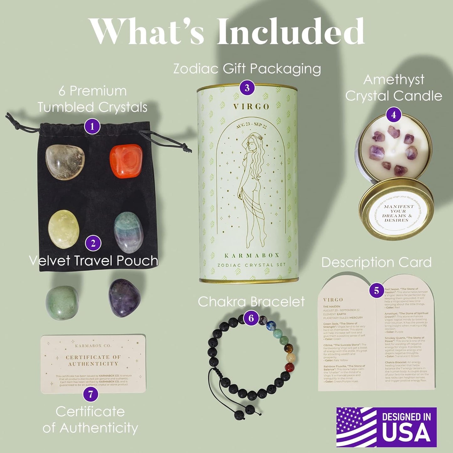Virgo Zodiac Crystal Healing Stones Kit with Candle — Astrology Horoscope Gift Set
