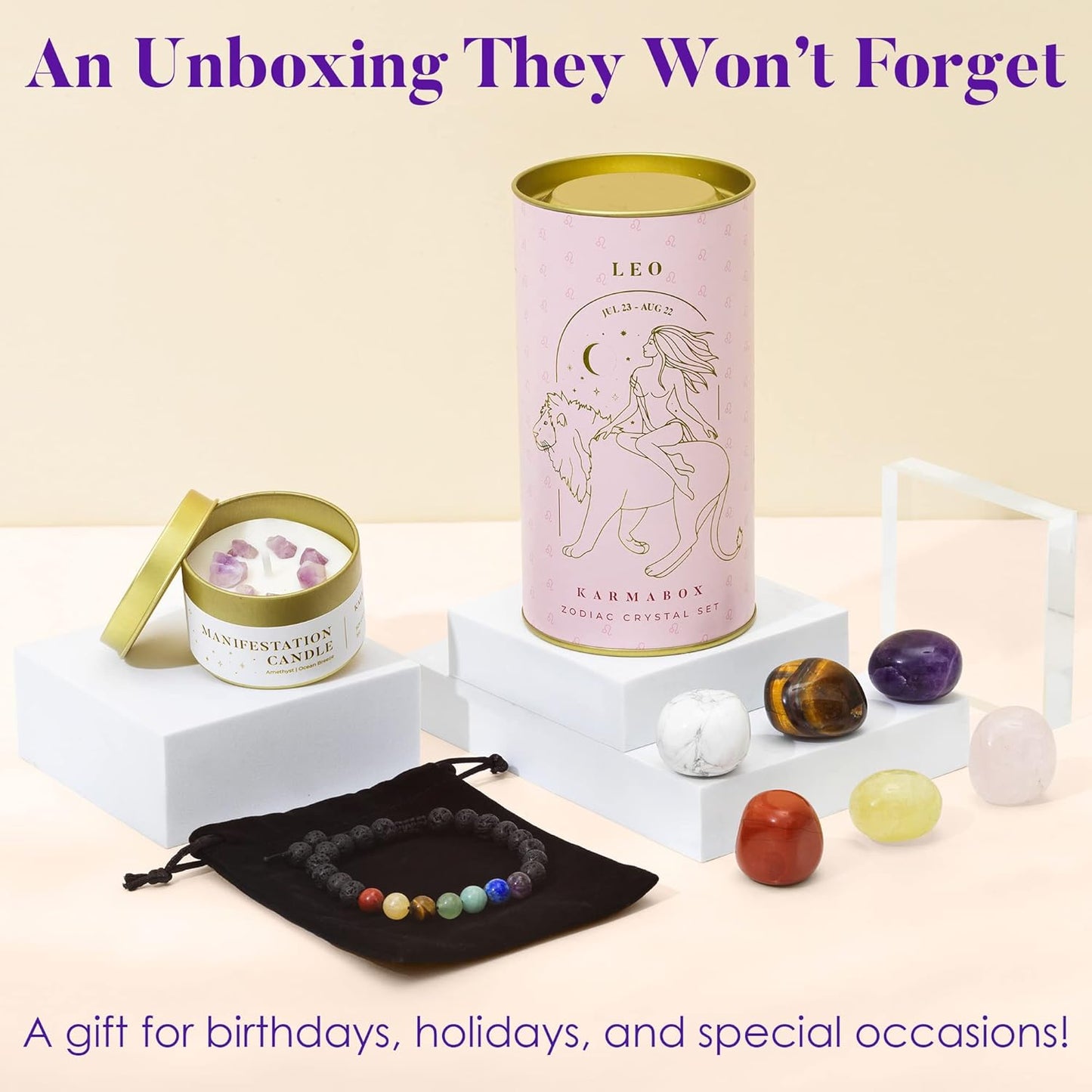 Leo Zodiac Crystal Healing Stones Kit with Candle — Astrology Horoscope Gift Set