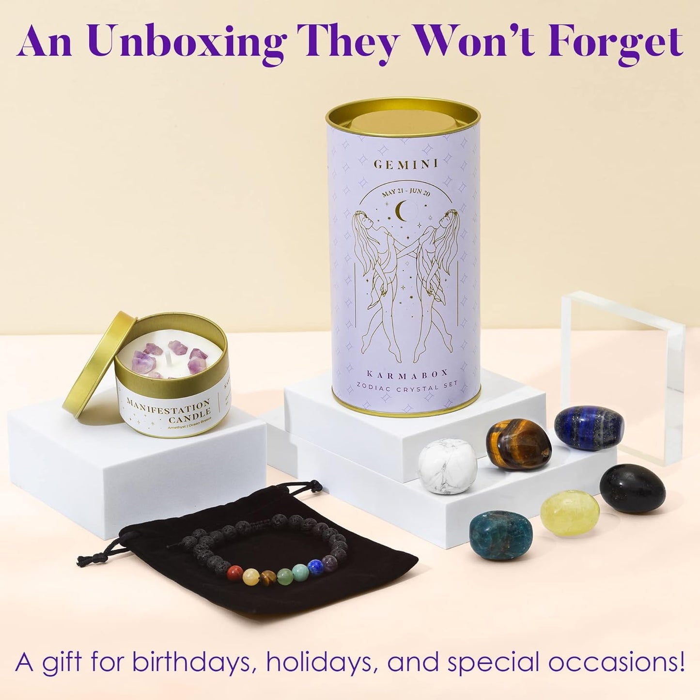 Gemini Zodiac Crystal Healing Stones Kit with Candle — Astrology Horoscope Gift Set