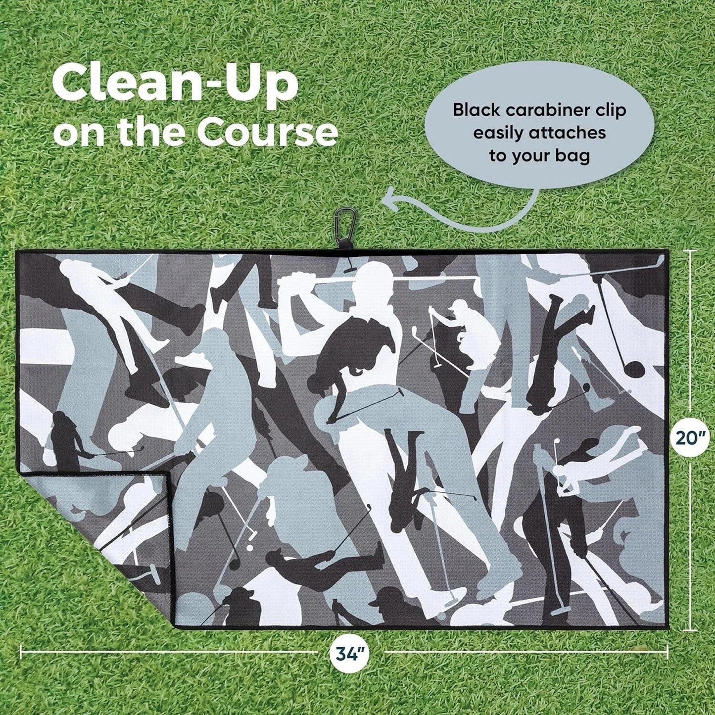 Microfiber Golf Towel with Carabiner Clip — Extra Large 34"x20" Flag Design, 4 Colors