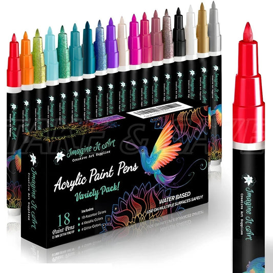 18-Color Acrylic Paint Marker Pens — 0.7mm Fine Tip for Rock, Canvas, Ceramic, Wood & More