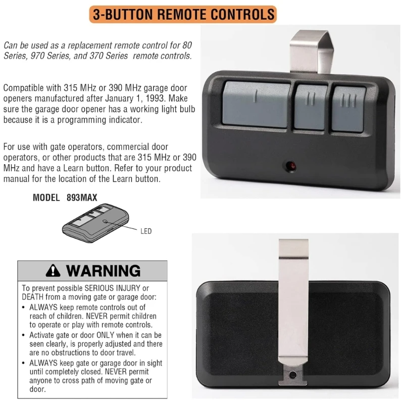 LiftMaster & Chamberlain Garage Door Opener Remote 2-Pack — Universal 3-Button, Model 893LM
